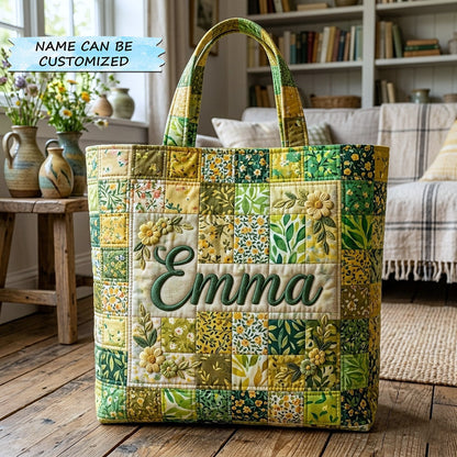 Green Yellow Floral Patchwork Quilted Tote