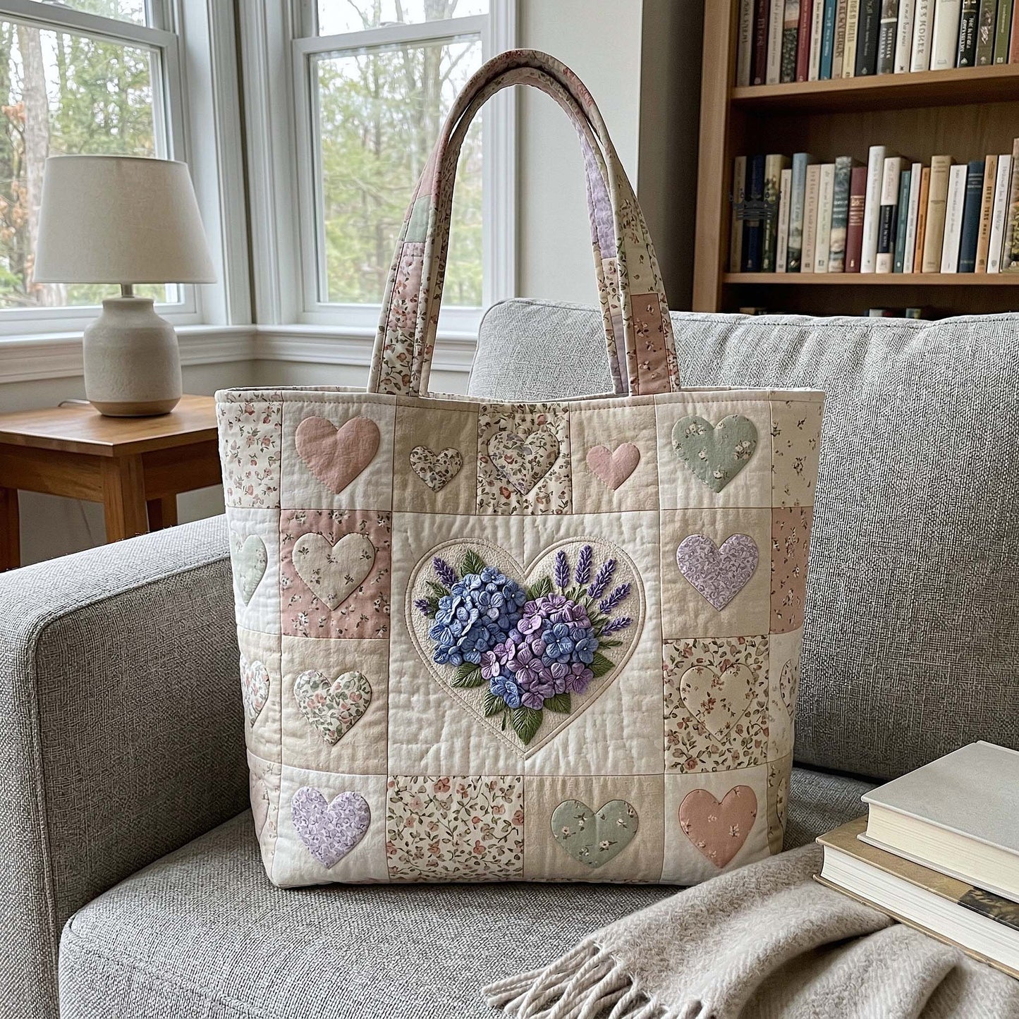 Patchwork Hearts Flowers Quilted Tote