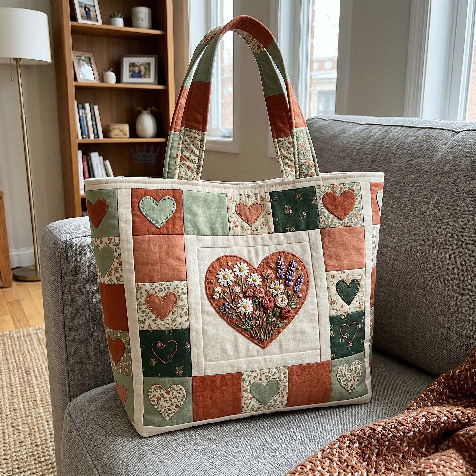 Embroidered Floral Heart Quilted Tote