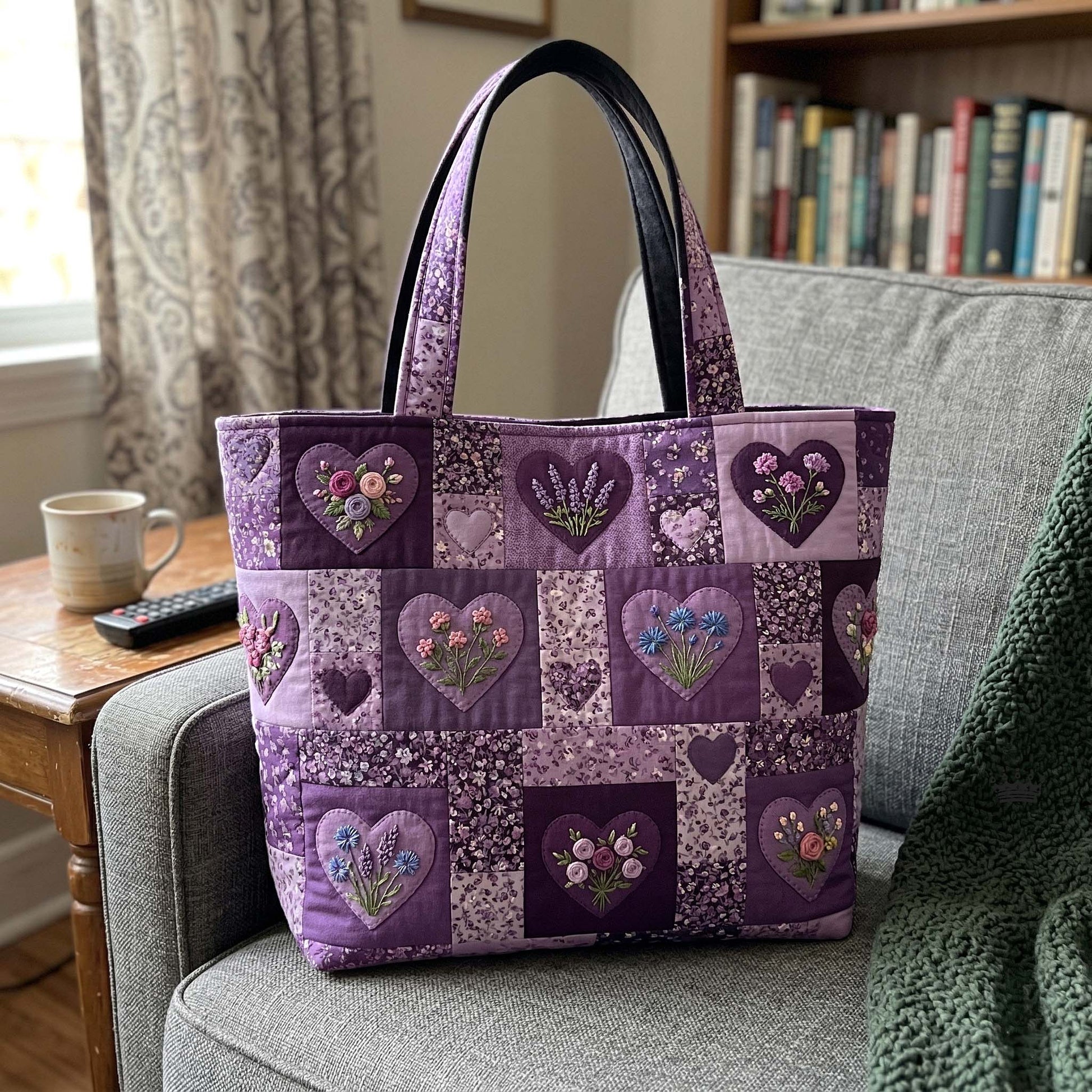 Embroidered Floral Hearts Quilted Tote
