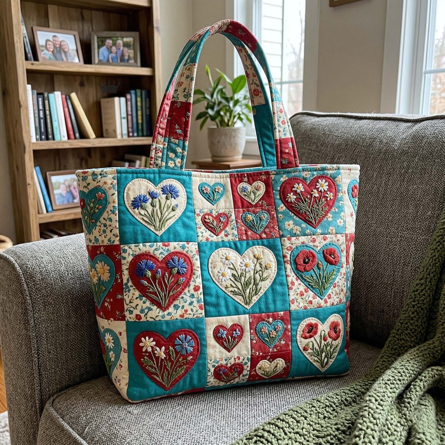 Floral Patchwork Hearts Quilted Tote