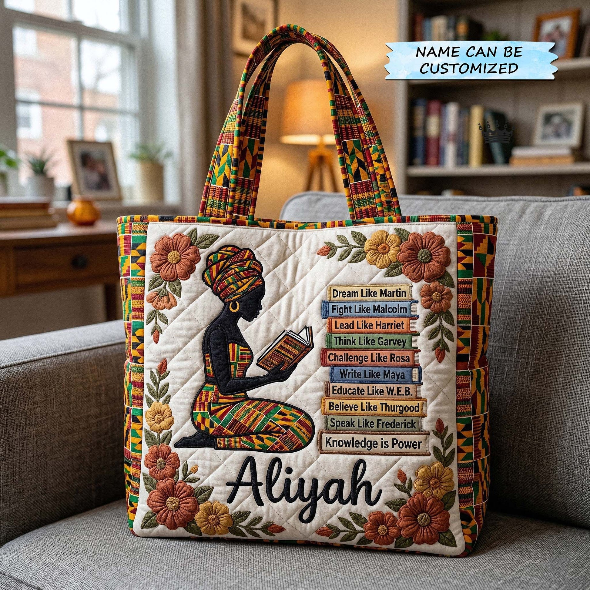 African Woman Reading Quilted Tote