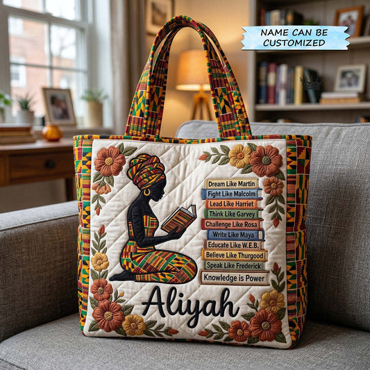 African Woman Reading Quilted Tote