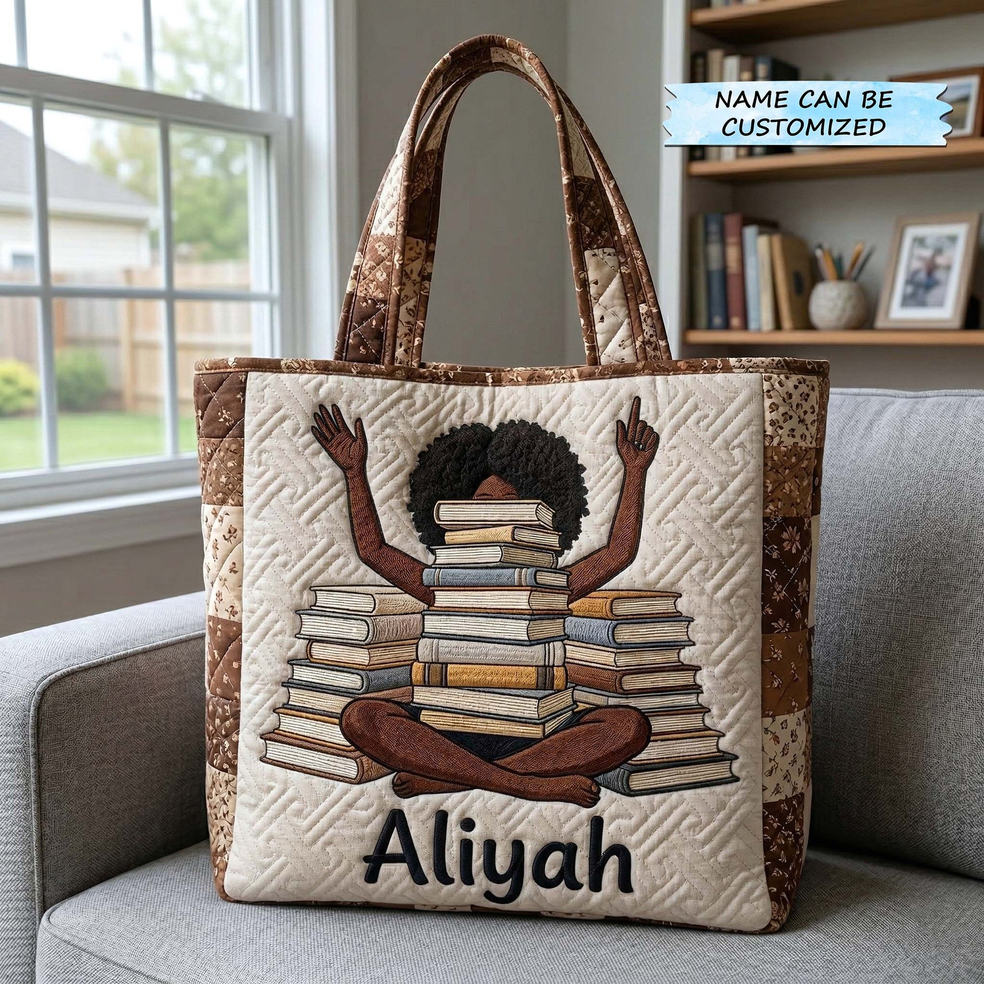 Black Woman Reading Books Quilted Tote
