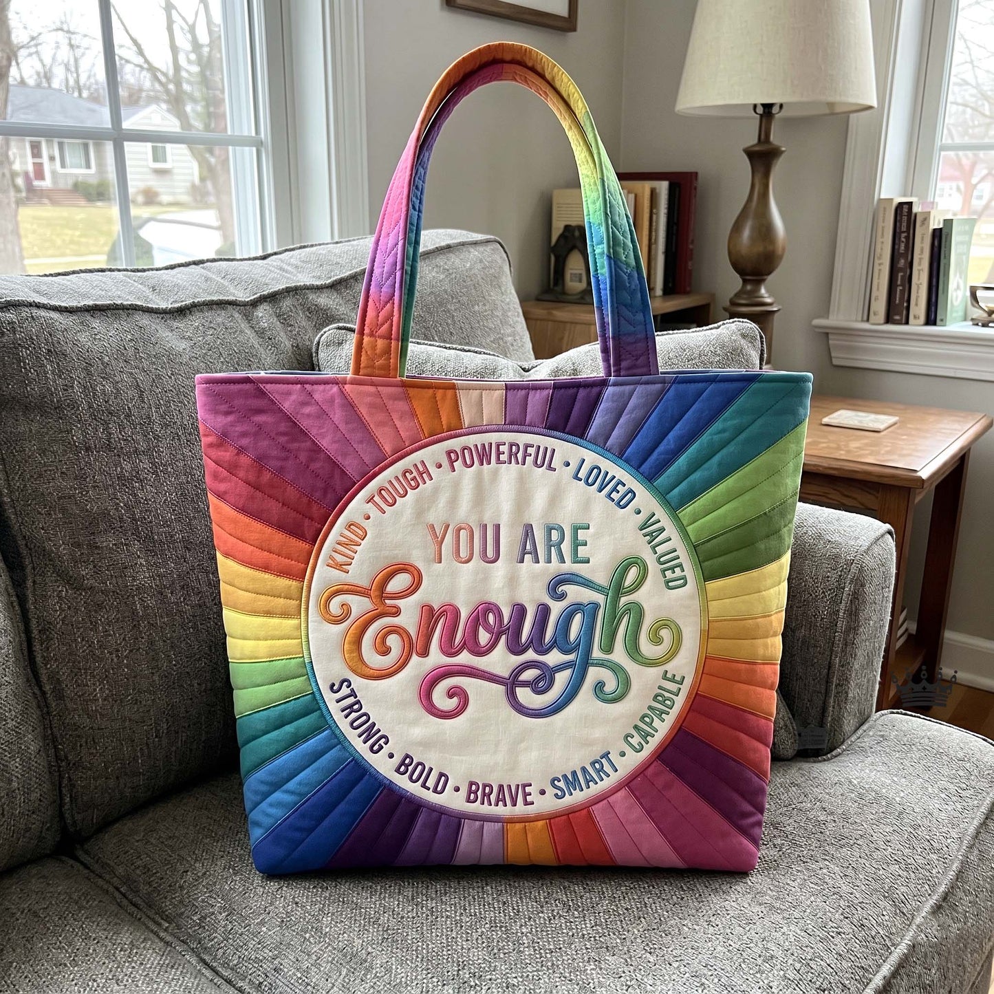 Rainbow Circle Affirmations Quilted Tote