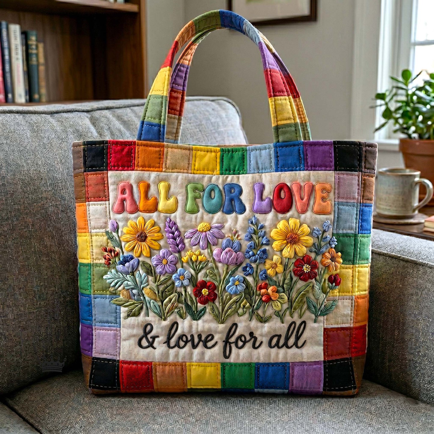 Rainbow Patchwork Flowers Quilted Tote