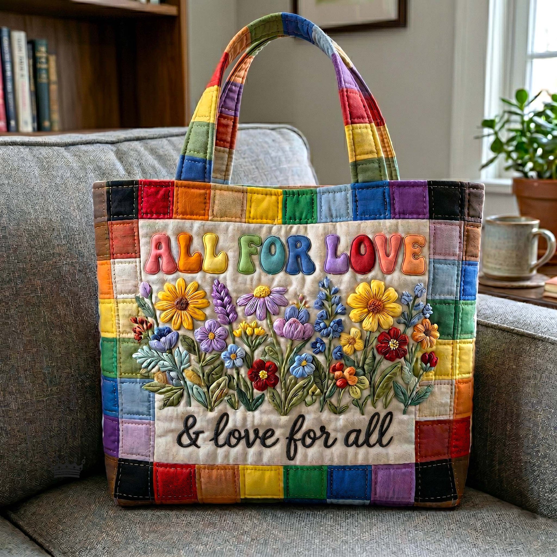 Rainbow Patchwork Flowers Quilted Tote