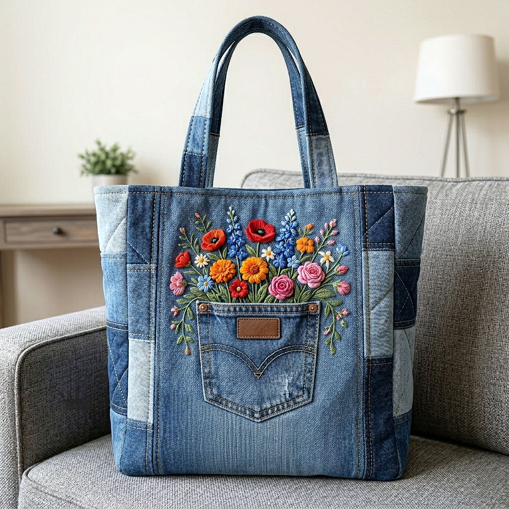 Embroidered Wildflowers Denim Pocket Quilted Tote