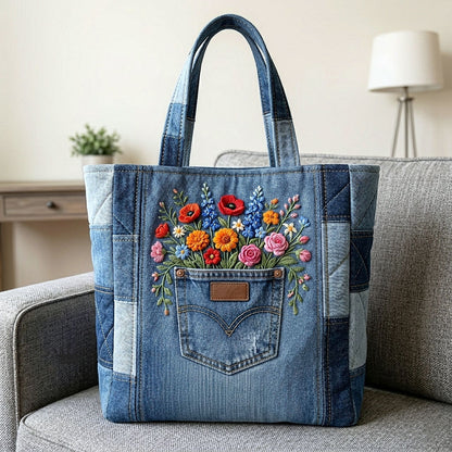 Embroidered Wildflowers Denim Pocket Quilted Tote
