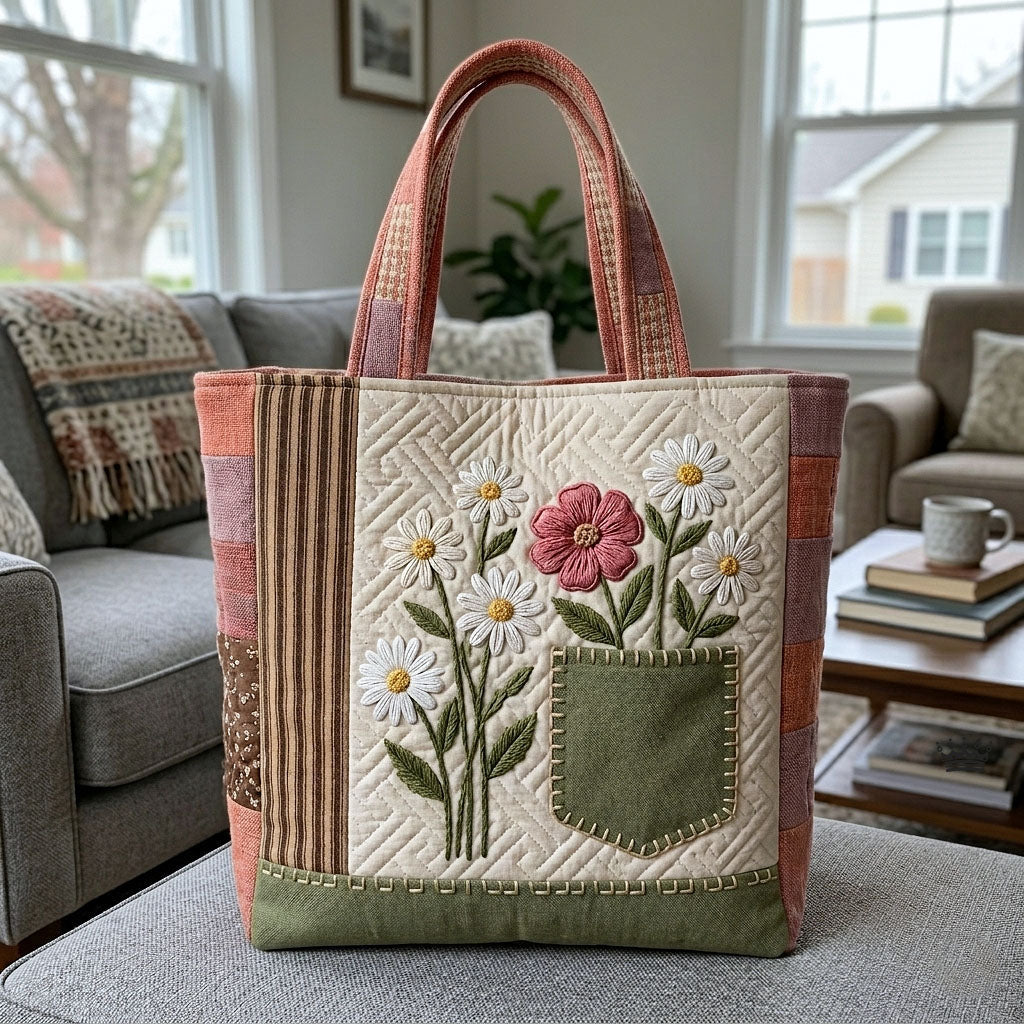 Embroidered Flowers Patchwork Quilted Tote