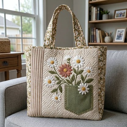 Daisy Flower Embroidery Quilted Tote