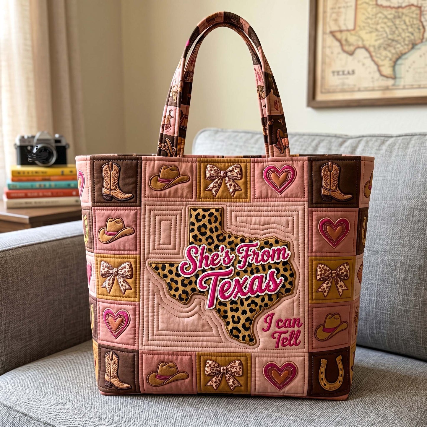 Texas Map Cowboy Icons Quilted Tote