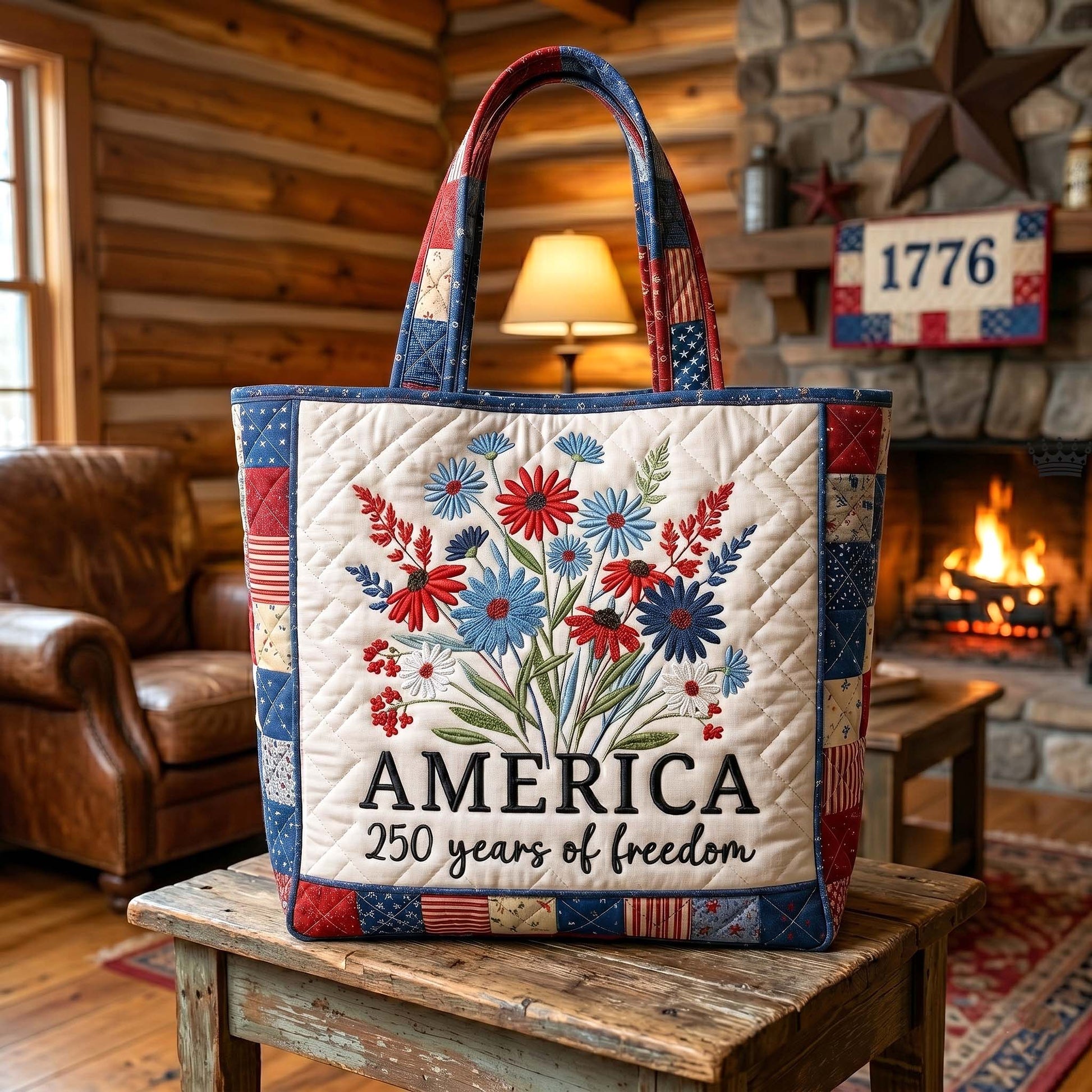 Red White Blue Flowers Quilted Tote