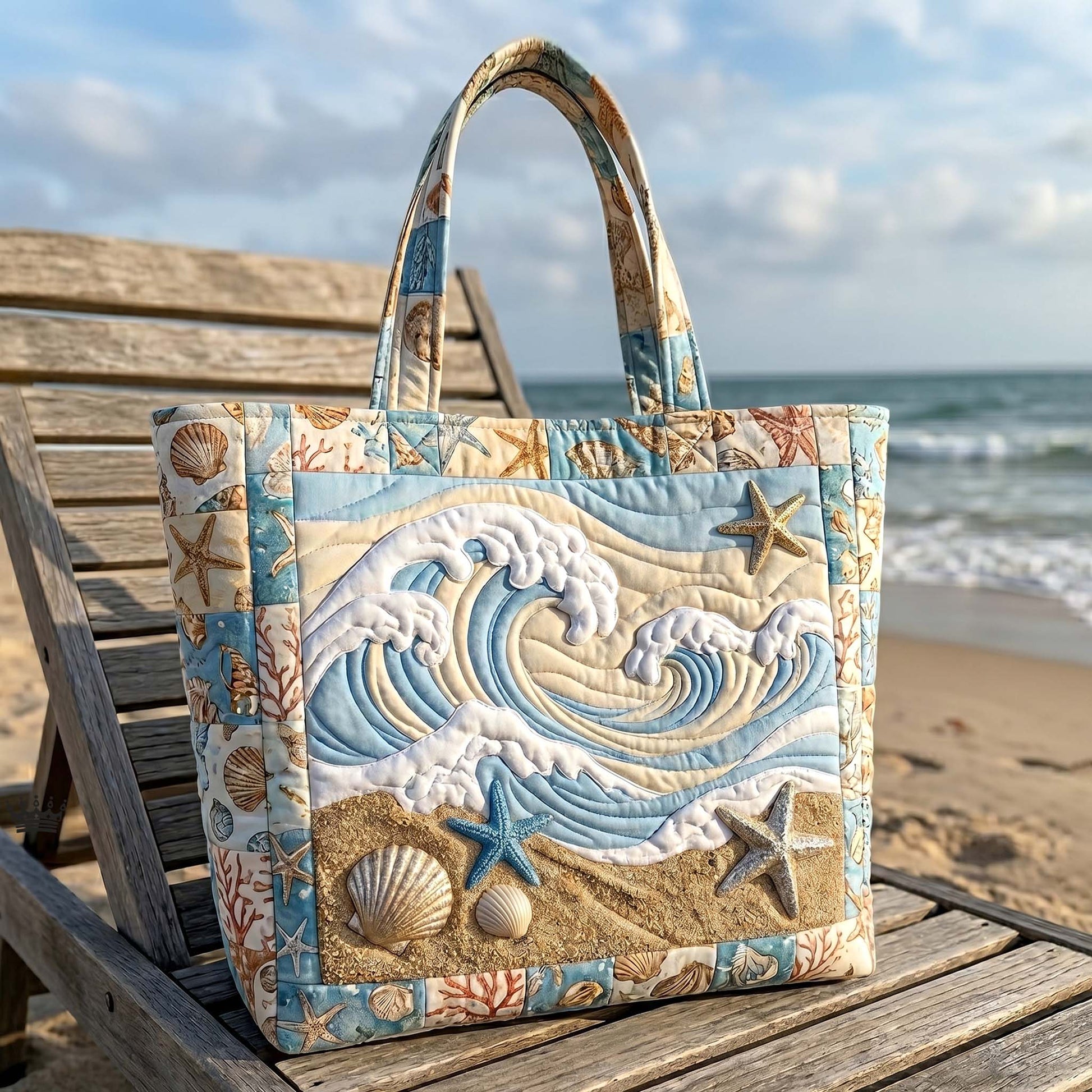 Ocean Waves Starfish Seashells Quilted Tote
