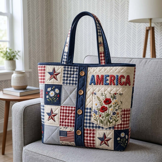 American Flag Stars Floral Quilted Tote