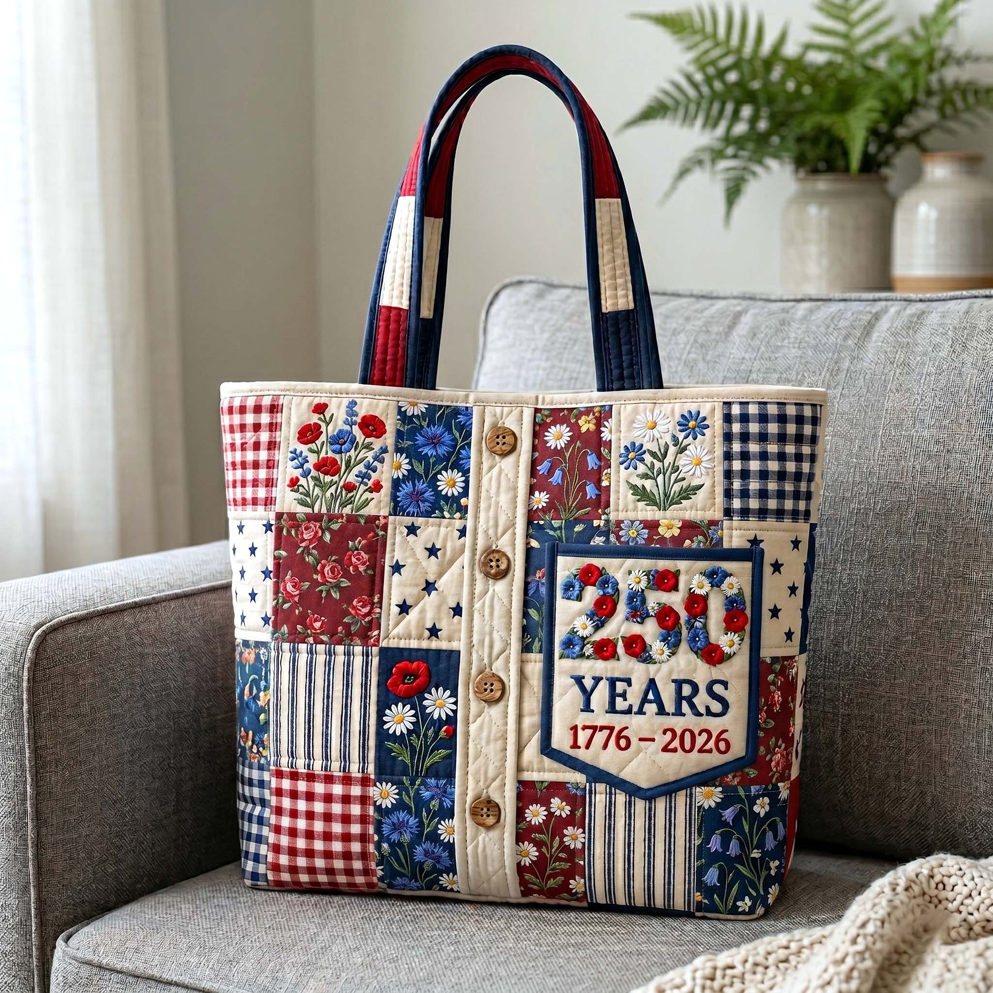 Patriotic Patchwork Flowers Quilted Tote