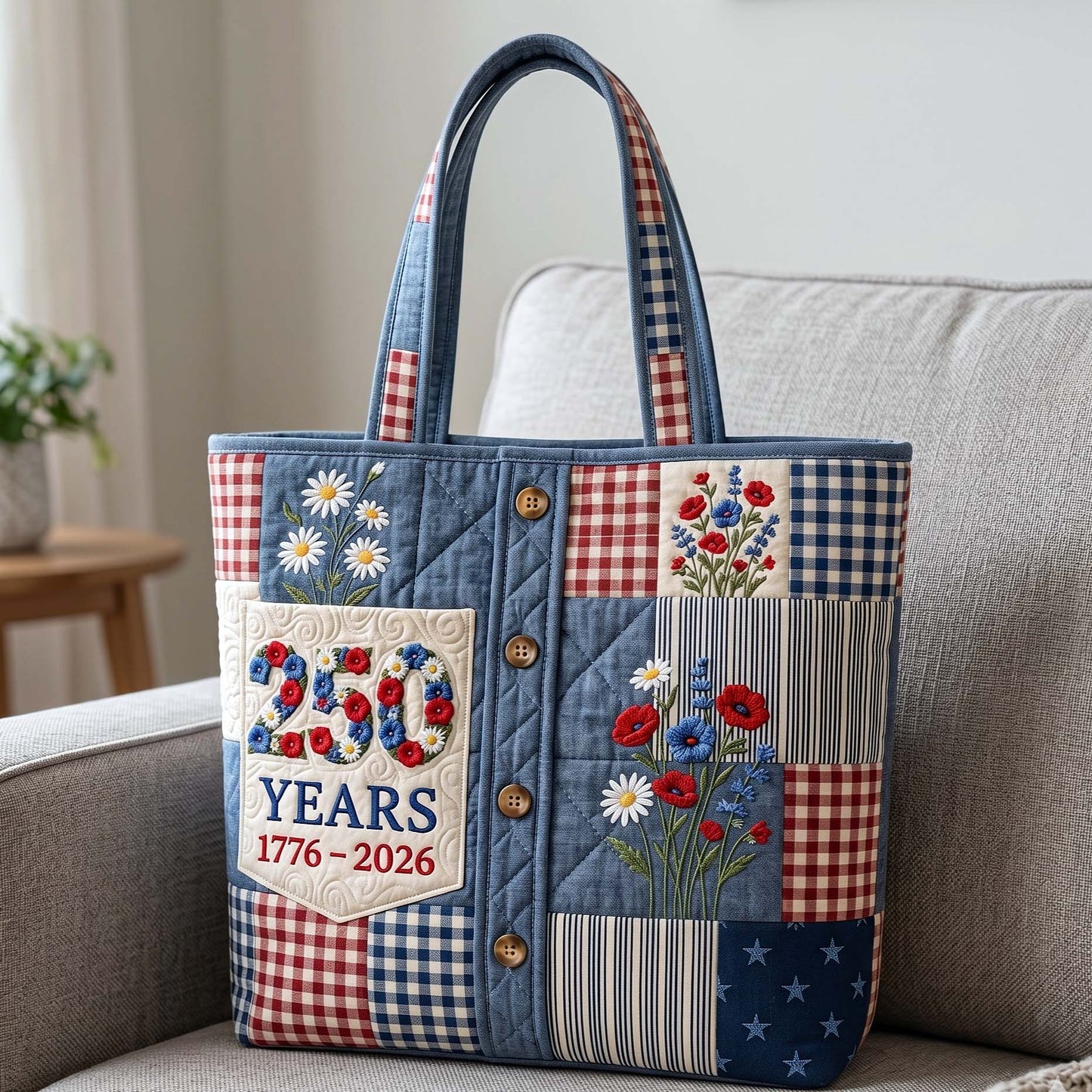 Patriotic Floral Patchwork Quilted Tote