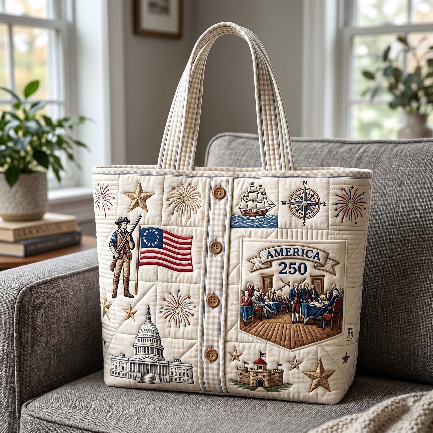 American History Motifs Quilted Tote