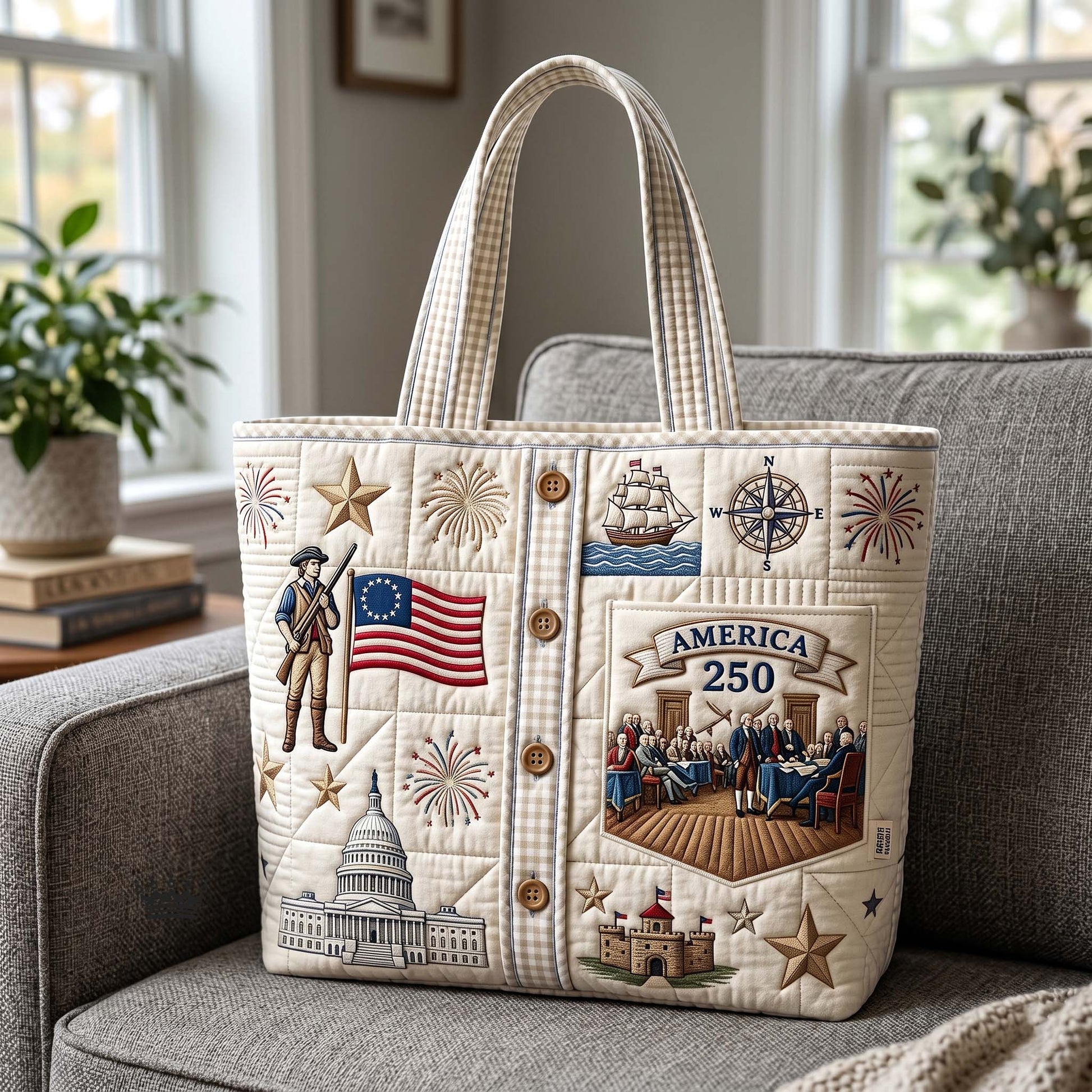 American History Motifs Quilted Tote