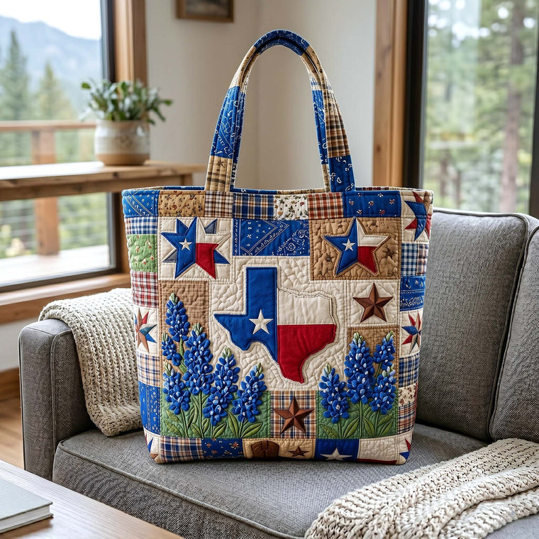 Texas State Bluebonnets Stars Quilted Tote
