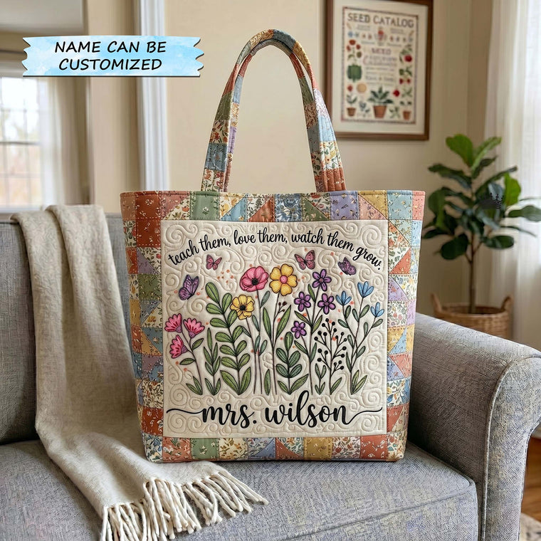 Floral Teacher Patchwork Quilted Tote