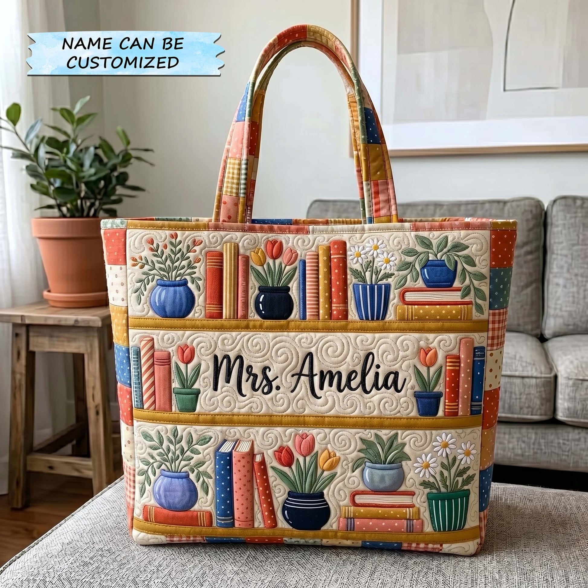 Books Flower Pots Quilted Tote