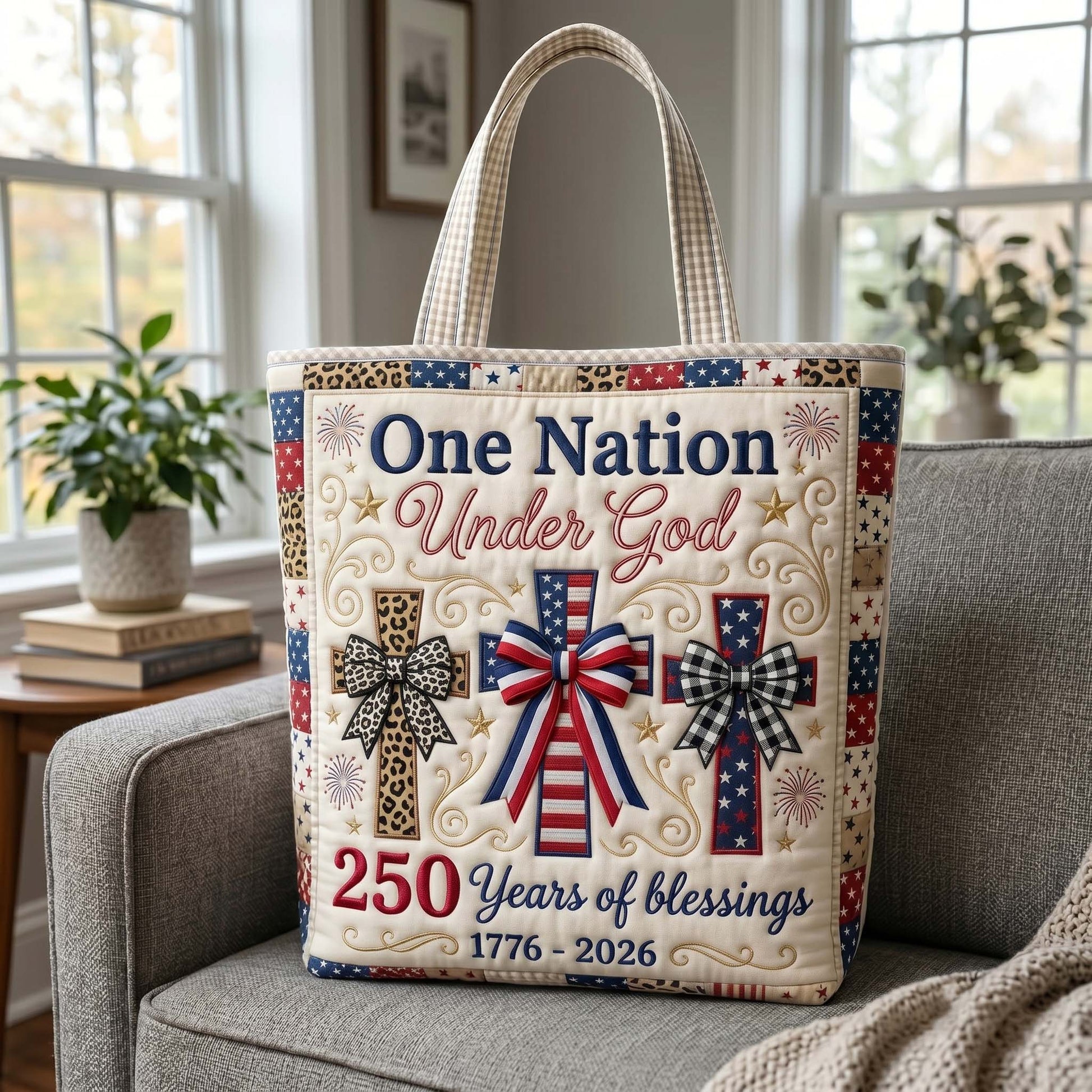 Patriotic Crosses Bows Quilted Tote