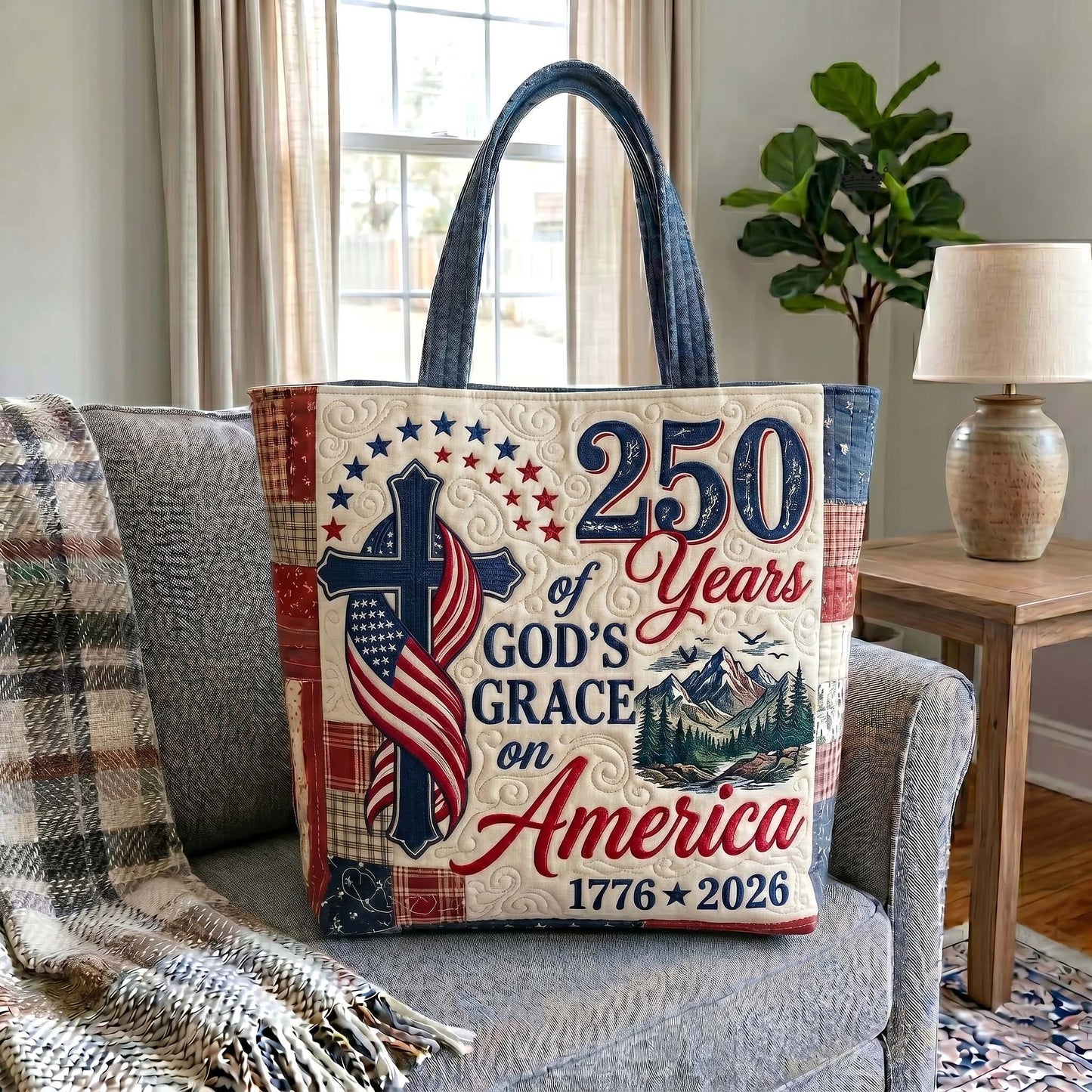 Cross American Flag Quilted Tote