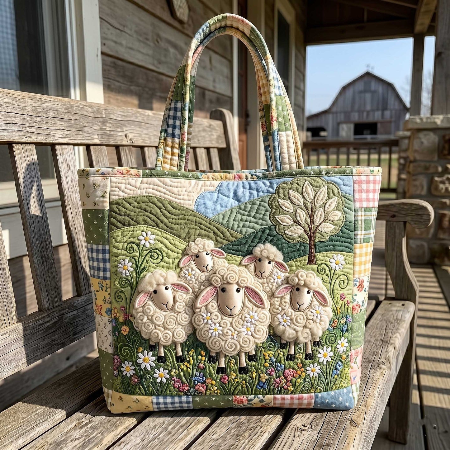 Sheep Farm Scene Tote Bag