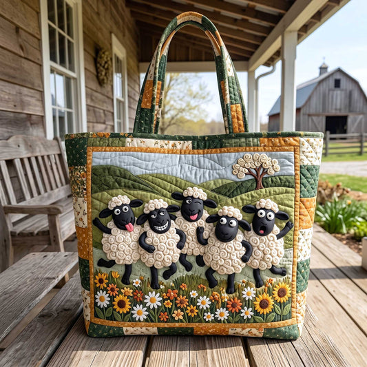 Cheerful Sheep Farm Scene Quilted Tote