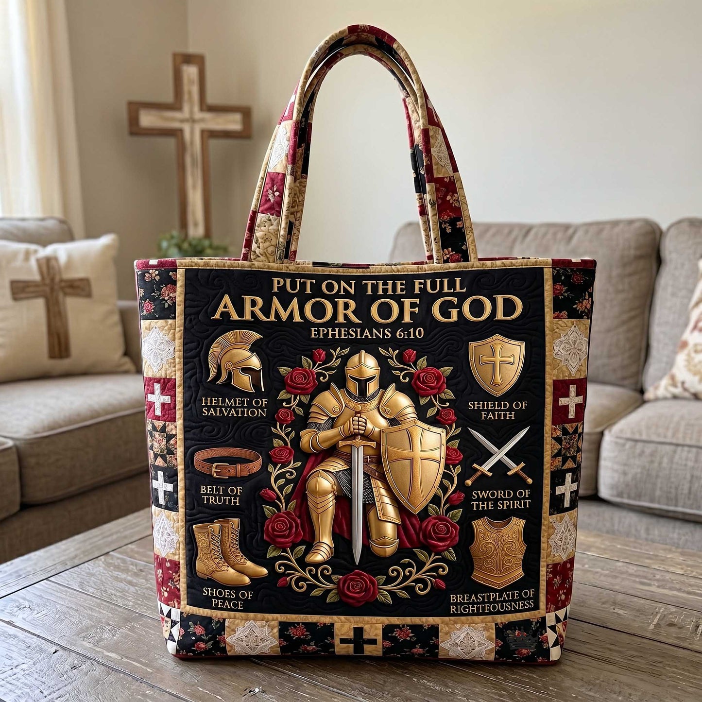 Christian Armor Symbols Quilted Tote