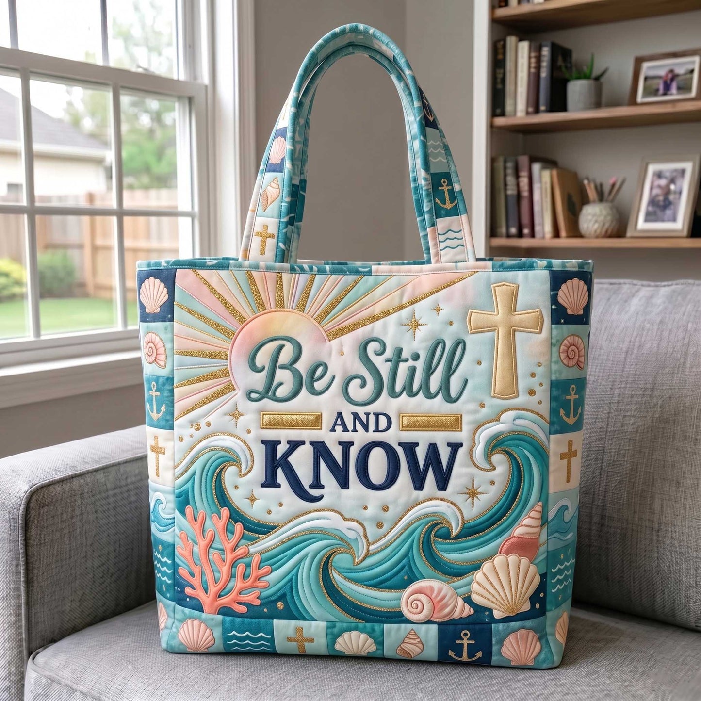 Sun Cross Ocean Waves Quilted Tote