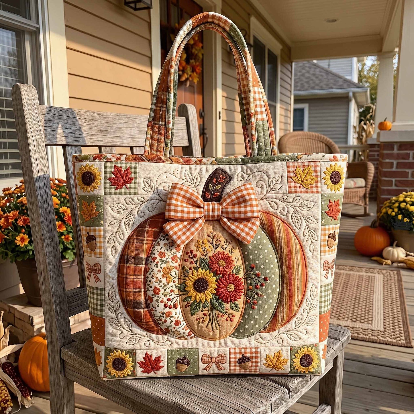 Patchwork Pumpkin Bow Quilted Tote