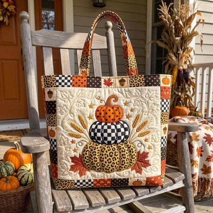 Stacked Pumpkins Autumn Leaves Quilted Tote