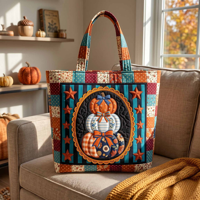 Stacked Decorative Pumpkins Quilted Tote