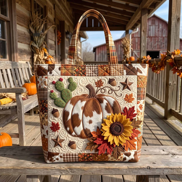 Pumpkin Sunflower Leaves Quilted Tote