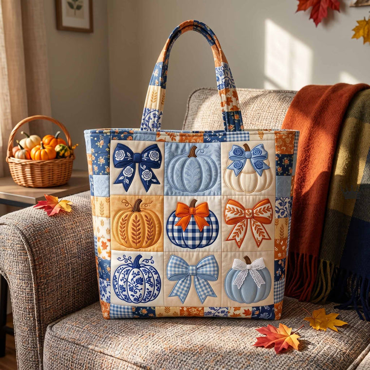 Everyday Pumpkins Bows Quilted Tote