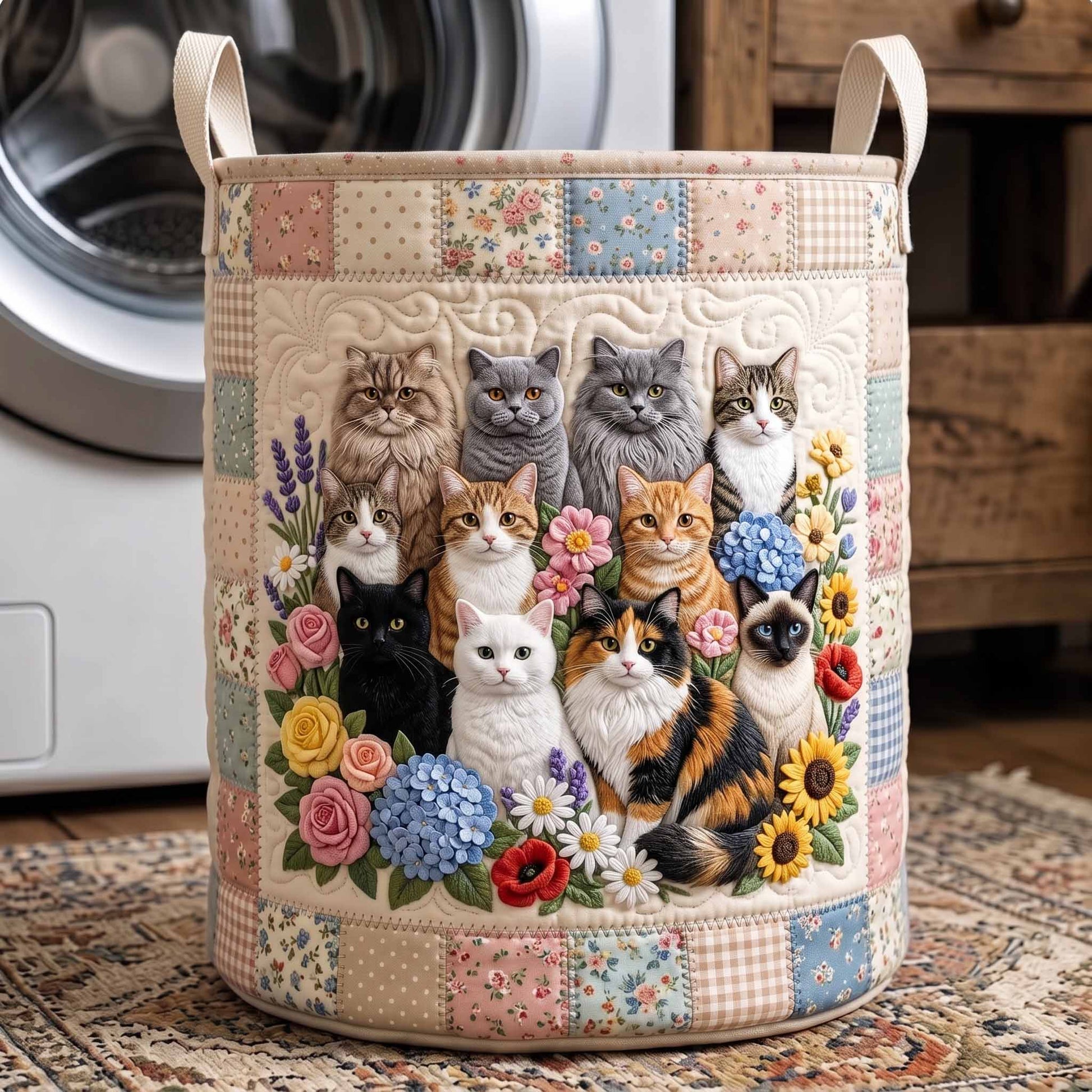The Cottage Whiskers Quilted Laundry Basket Tote 0284