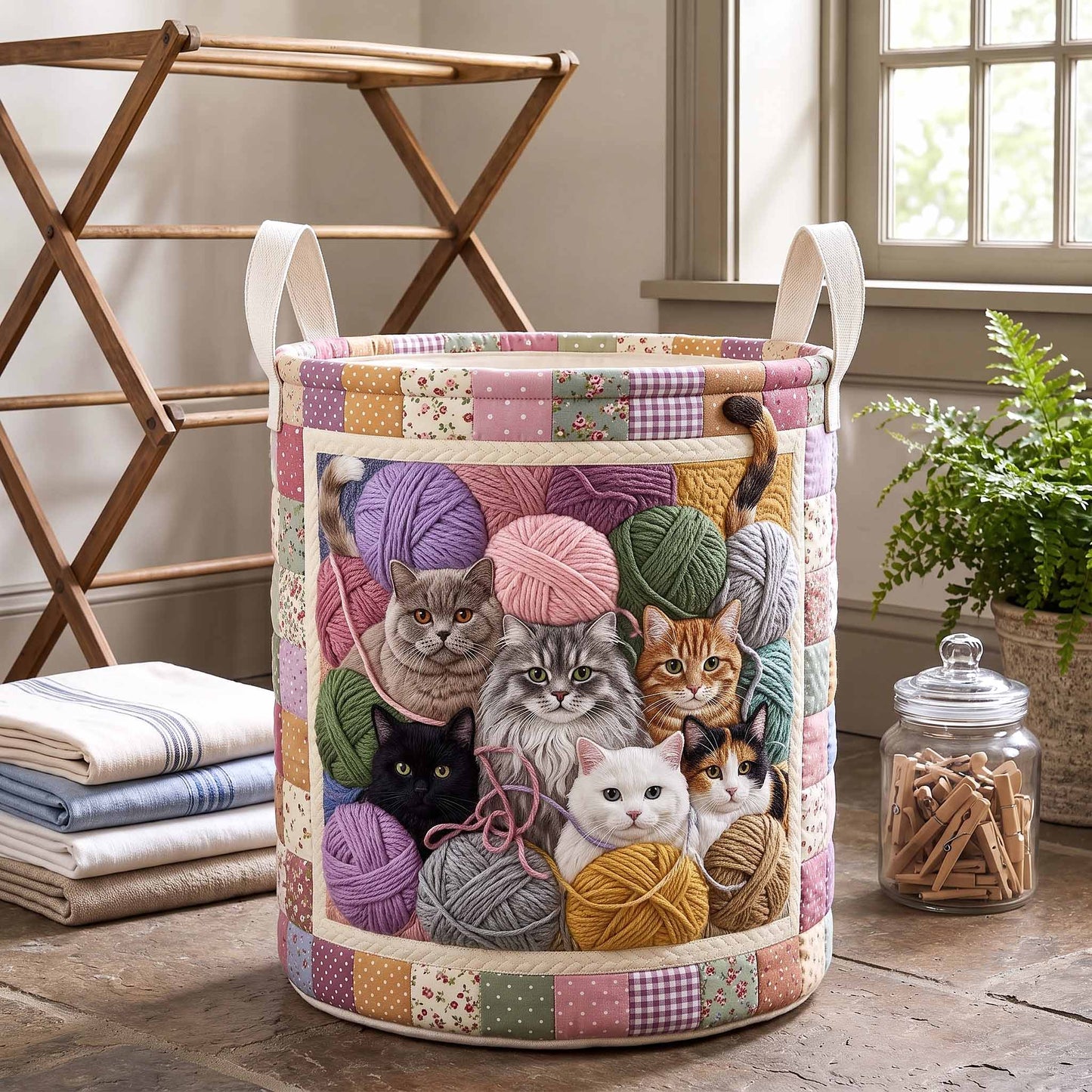 The Cottage Whiskers Quilted Laundry Basket Tote 0286