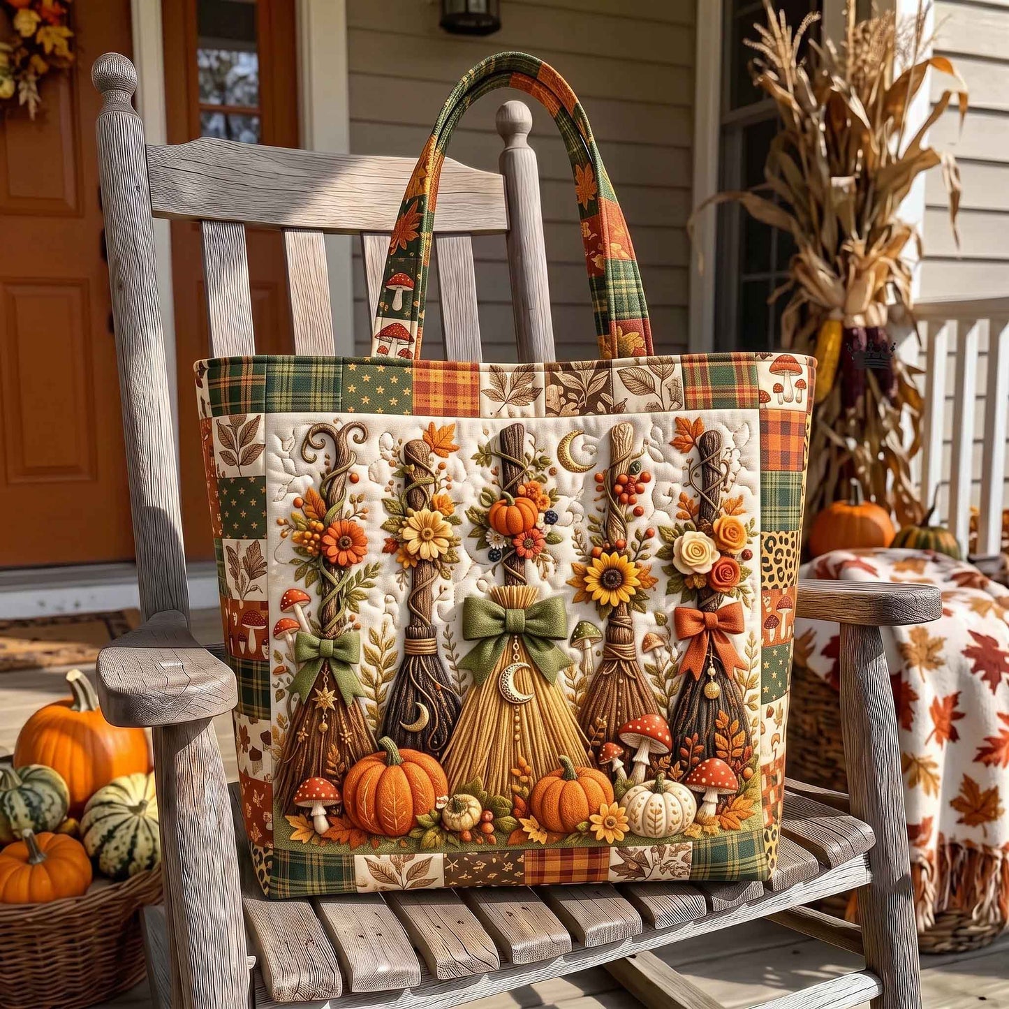 Fall Brooms Pumpkins Quilted Tote