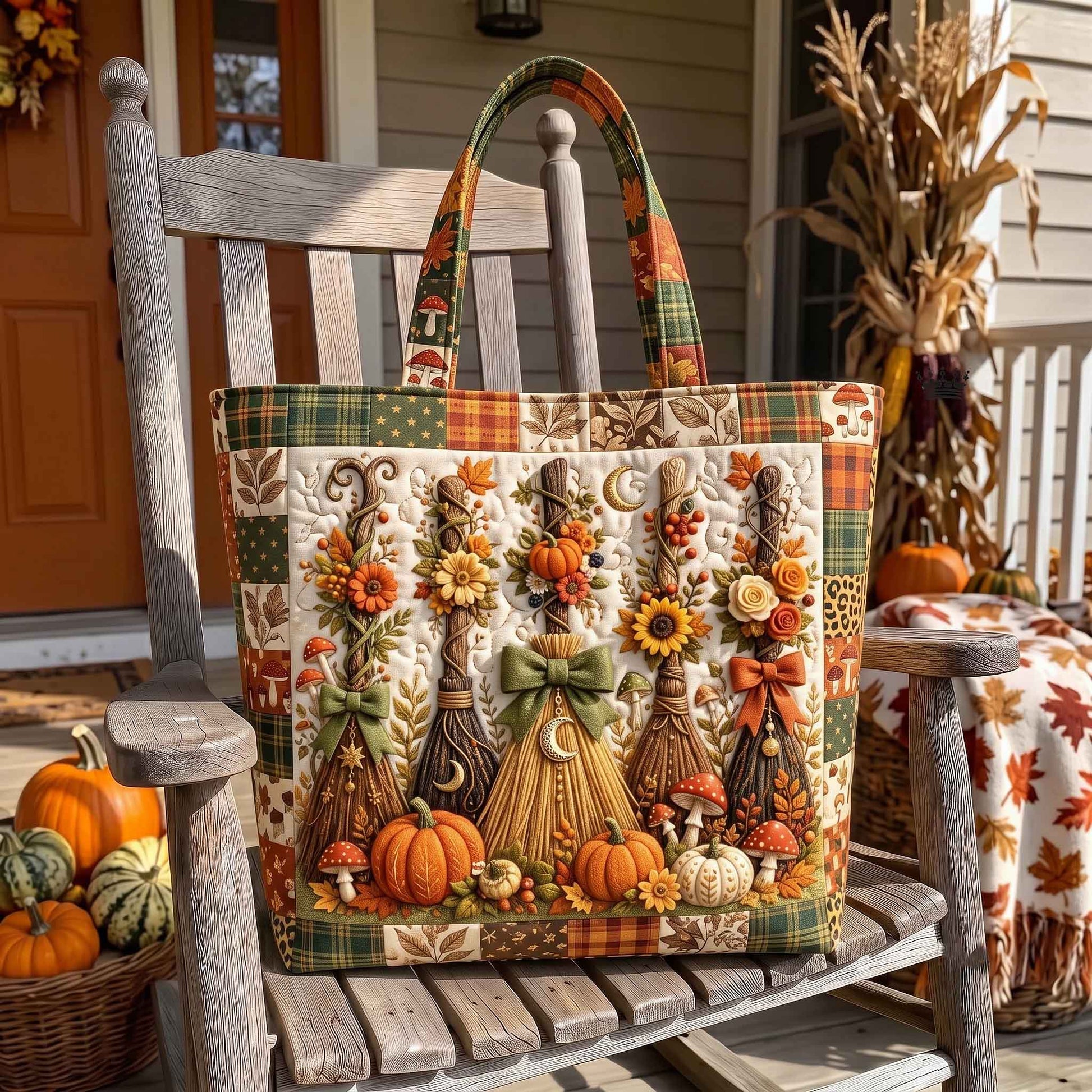Fall Brooms Pumpkins Quilted Tote