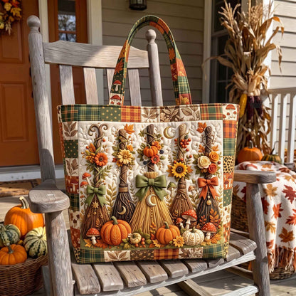 Fall Brooms Pumpkins Quilted Tote