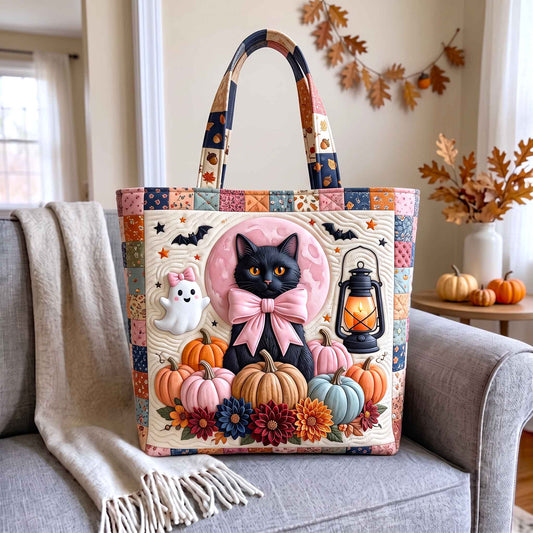 Black Cat Pumpkins Ghost Quilted Tote
