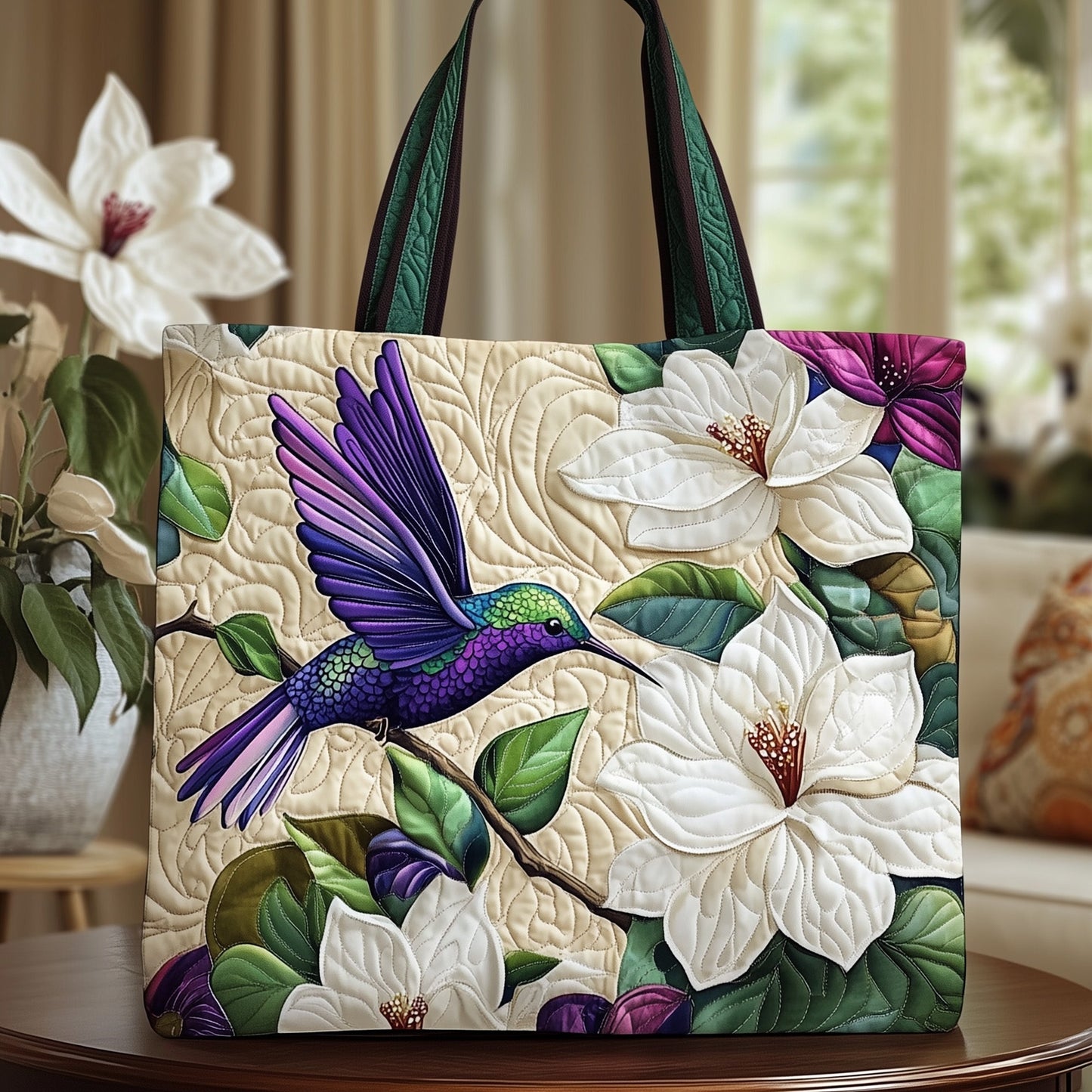 Hummingbird Magnolia Flowers Quilted Tote
