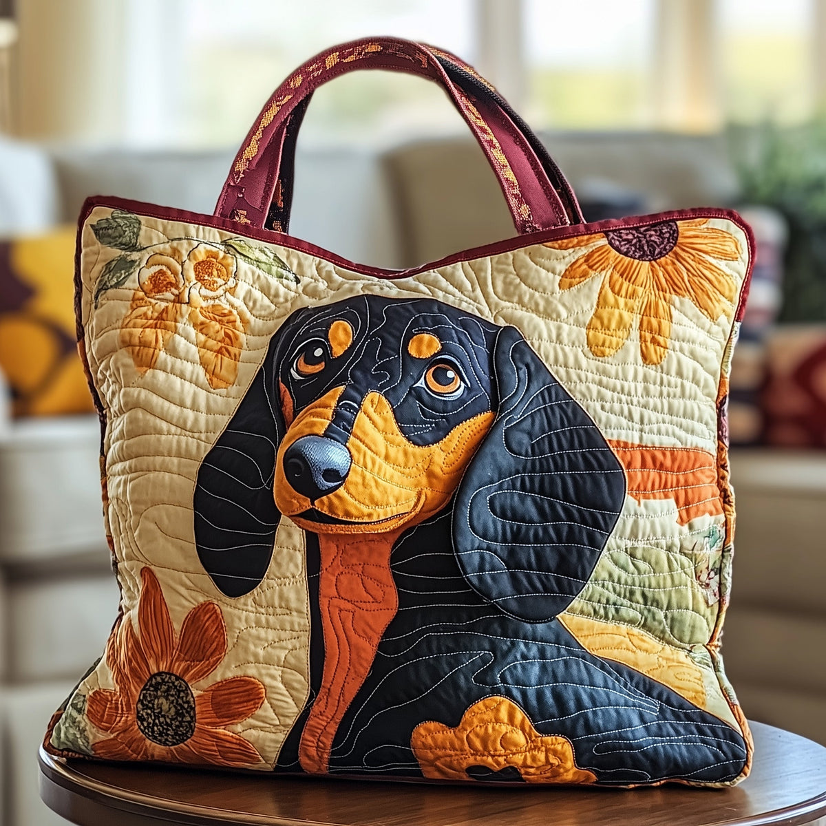 Dachshund Dog Flower Quilted Tote