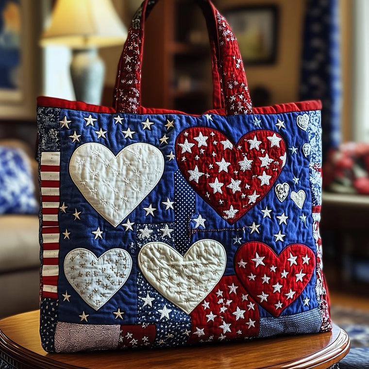 Patriotic Stars Hearts Quilted Tote