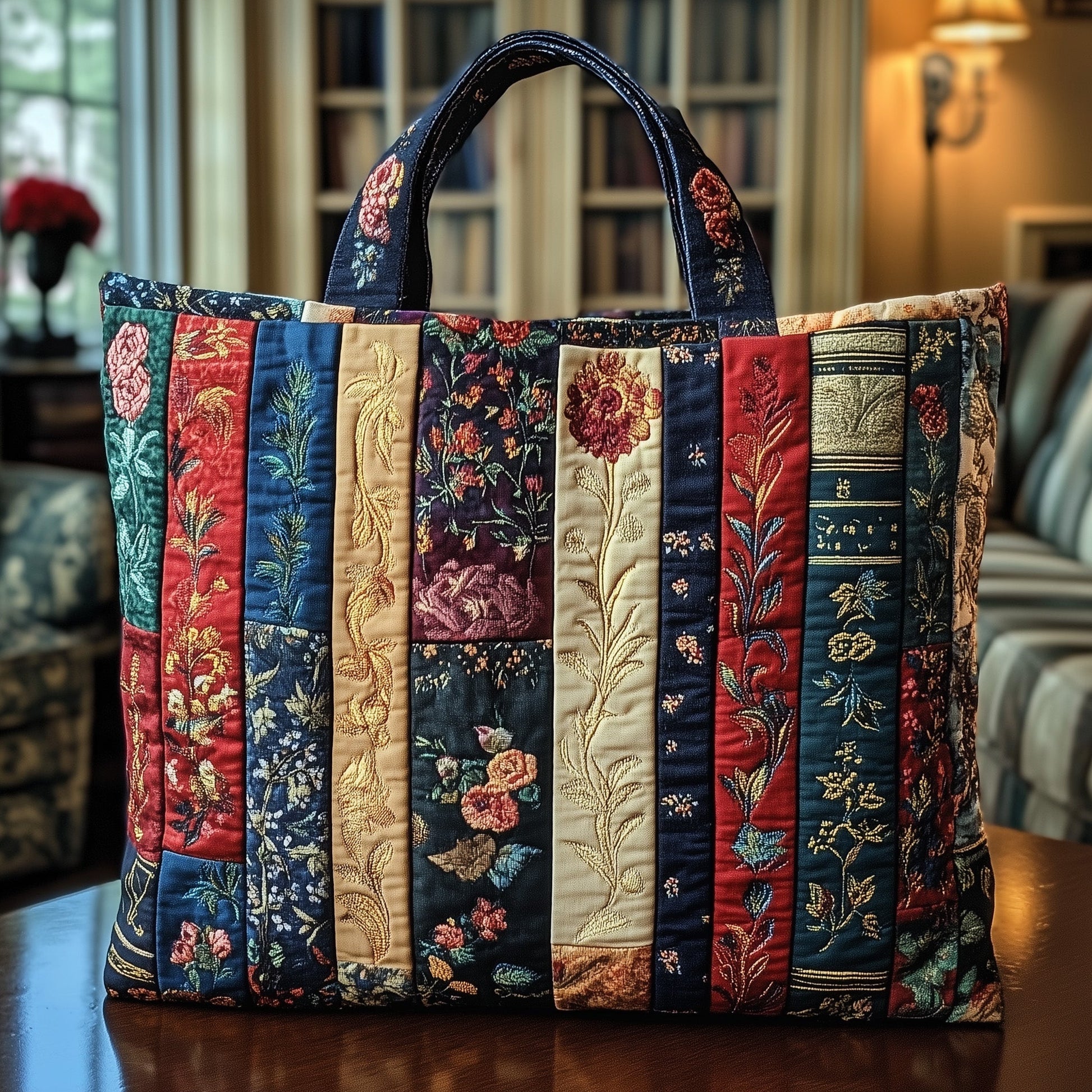 Books Floral Stripes Quilted Tote