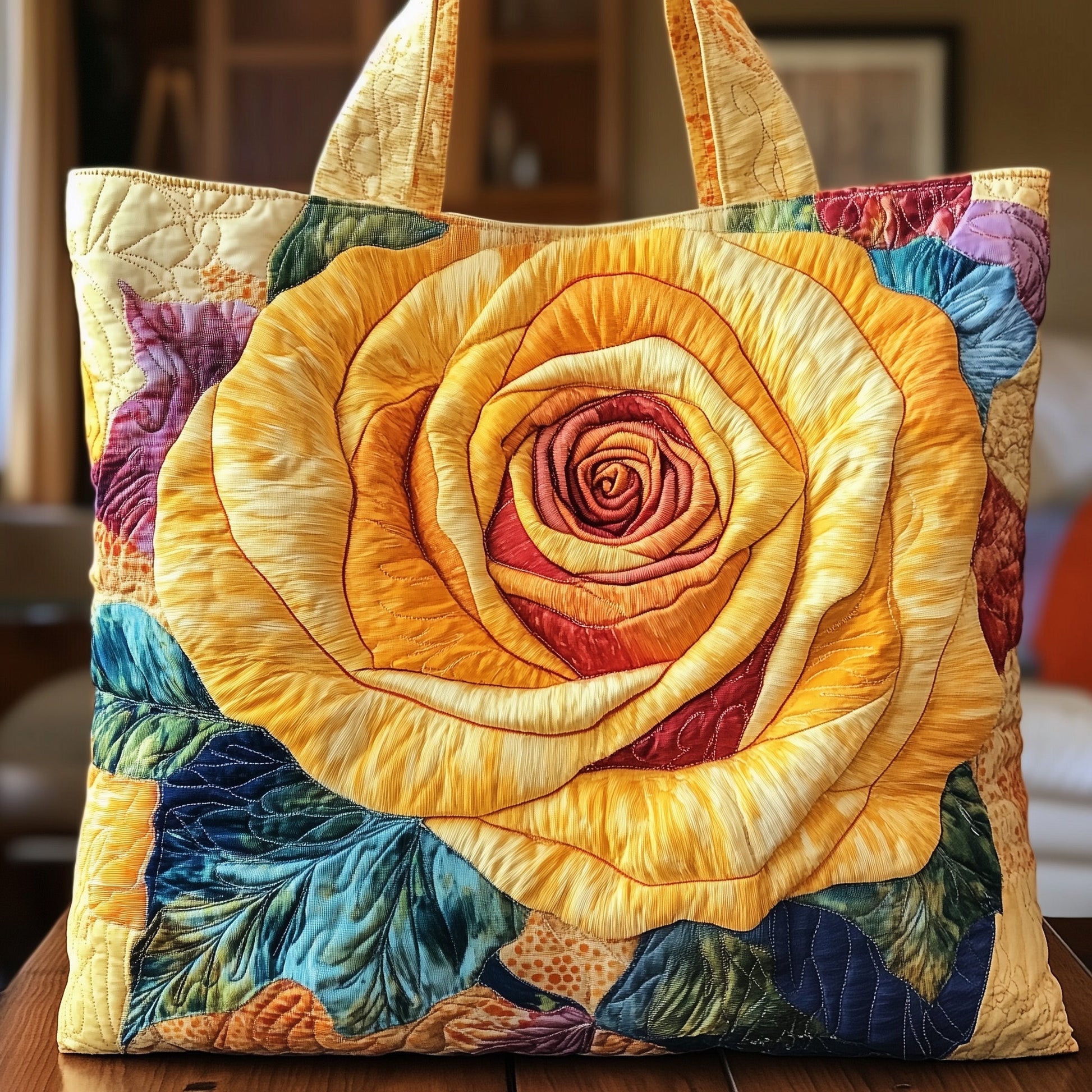 Yellow Rose Flower Quilted Tote