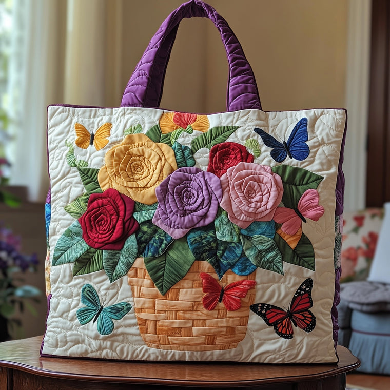 Colorful Roses Butterflies Quilted Tote