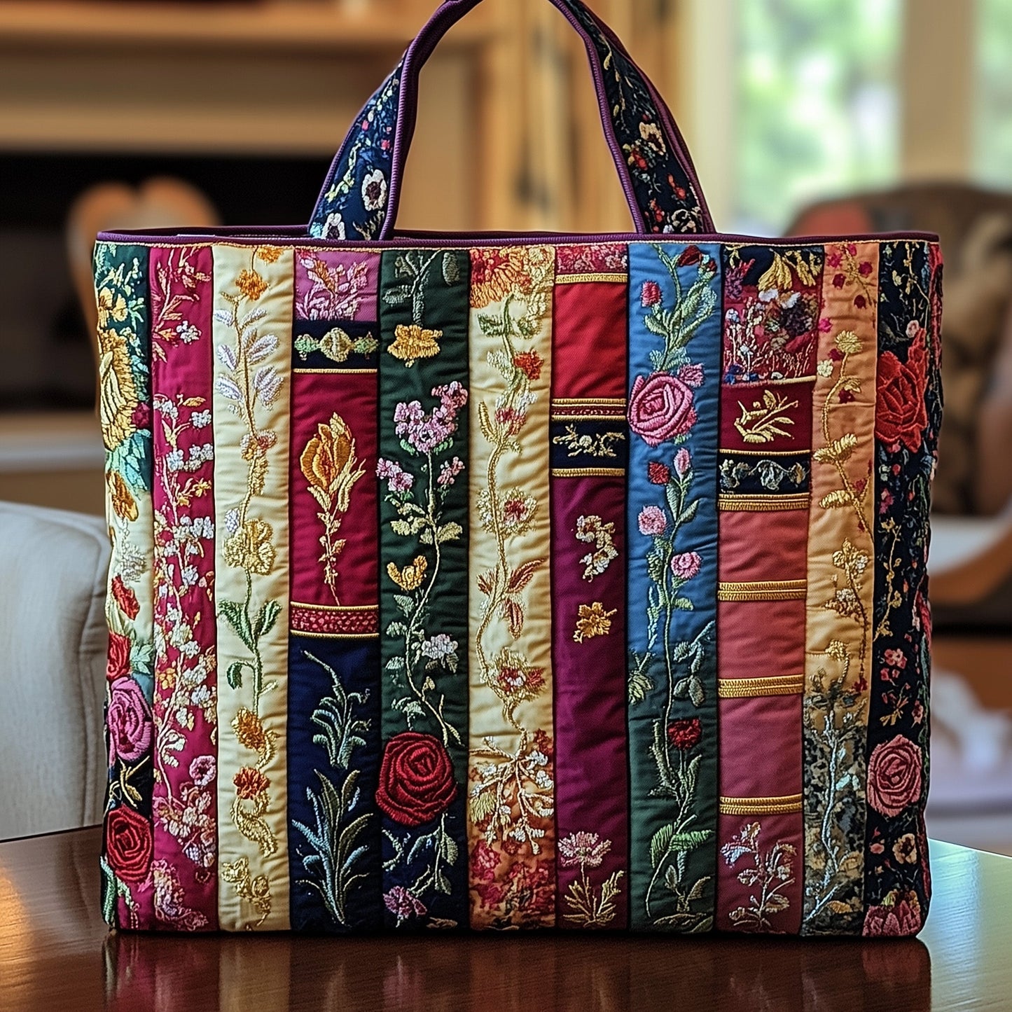 Embroidery Floral Stripes Quilted Tote